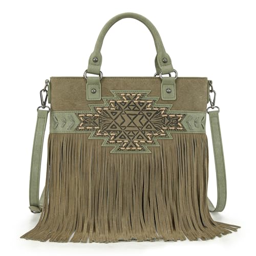 Trinity Ranch Crossbody Bags for Women Tooled Fringe Top Handle Handbags Vintage Western Purse - color: Green