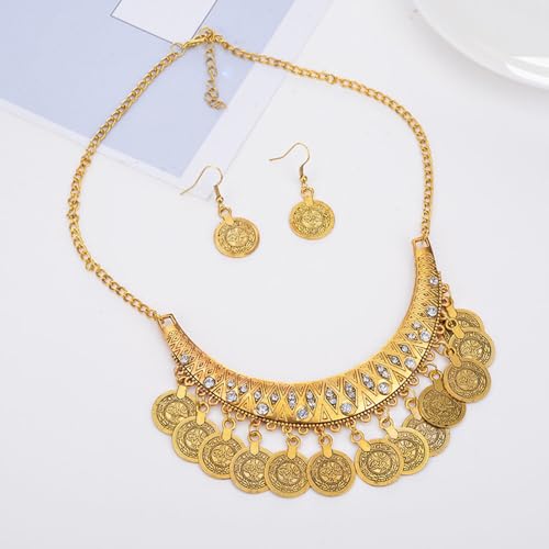 FUTIMELY Chunky Coin Necklace Earrings Set,Bohemia Plated Gold Coin Tassel Personalized Choker Earrings,Ethnic Gypsy Statement Jewelry Set for Women - color: Gold