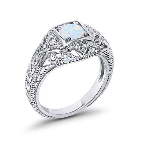 Blue Apple Co. Art Deco Ring Round Cubic Zirconia Leaf Filigree Design Split Shank Twisted Band Bridal Statement Wedding Engagement Rings For Women 925 Sterling Silver Gifts For Her - color: Lab White Opal