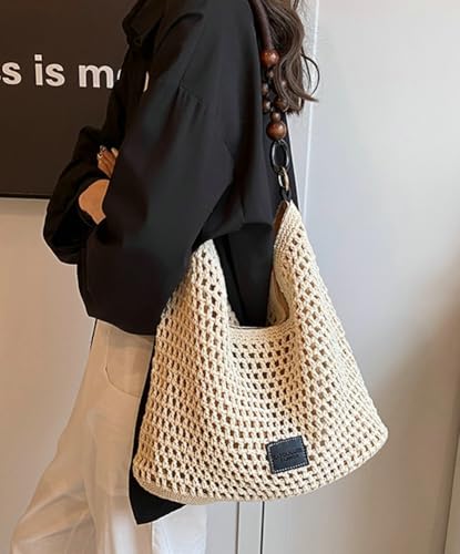 Crochet Summer Beach Bag for Women Woven Cotton Mesh Hobo Handbag Fashion Bead Handmade Shoulder Bag Purse - color: Black