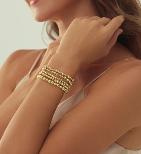 Gold Beaded Bracelets for Women, 14K Real Gold Plated Jewelry for Women Dainty Pearl Bead Bracelets Stack, Non Tarnish Trendy Stackable Ball Cross Stretch Bracelet Set Fashion Accessories Gifts - color: 5 PCS gold bead