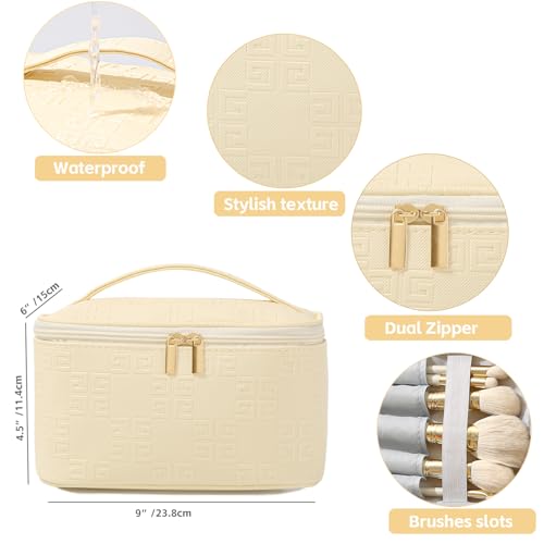 Meiyuuo Makeup Bag Large Cosmetic Bags for Women Girls Cute Travel Zipper Pouch Toiletry Organizer for Beauty Essentials Waterproof (Light Beige) - color: Embossing Beige