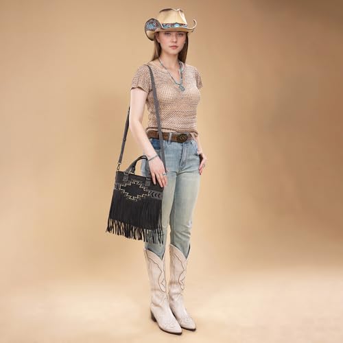 Trinity Ranch Crossbody Bags for Women Tooled Fringe Top Handle Handbags Vintage Western Purse - color: Black