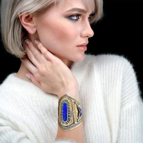 Duel On Jewel Afghan Baloch Tribal Wide Adjustable Cuff Bracelet for Women, Handmade Oxidized Alloy Wrist Cuff with Engraved Kuchi Inspired Design, Statement Bohemian Festival Jewelry, 0.8 to 3.5 Inch - style: Baloch Blue