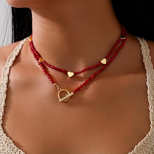 Red Beaded Necklace for Women Choker Gold Toggle Clasp Layered Stack Dainty Statement Western Boho Trendy Summer Vacation Necklaces Birthday Jewelry Gifts - color: B2:Heart Beaded Necklace