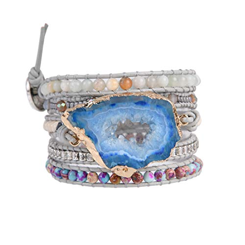 YGLINE Boho Handmade Wrap Leather Tube Crystal Stone Bracelet for Women - color: Blue Druzy