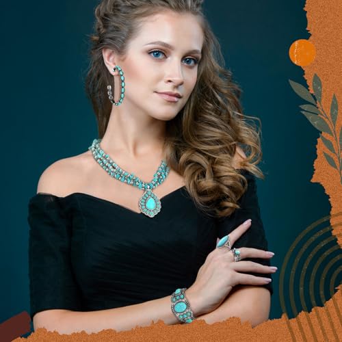 Ecally Bohemian Western Jewelry Turquoise Set Women Country Pendant Long Choker Layered Bracelets Earrings Ring for Women - color: Turquoise, style: Rustic