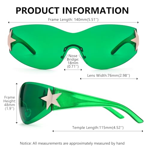 Rimless Y2K Sunglasses for Women Men Wrap Around Fashion Sunglasses Oversized Frameless Trendy Sun Glasses - color: Green Frame / Green Lens