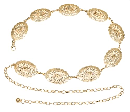 Women's Concho Chain Belt Western Cowgirl Metal Waist Chain Belt for Dress - color: A Gold, size: S: 41.3 in