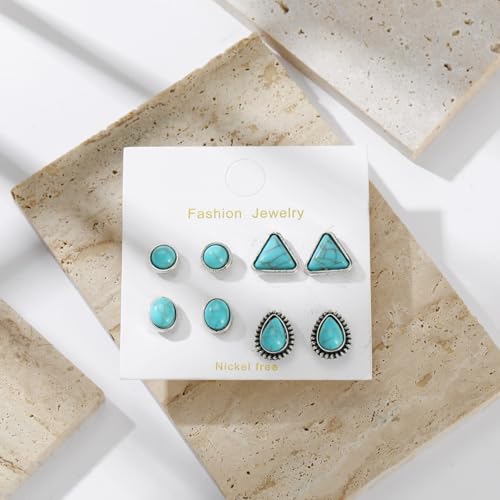 Dreuyet 4 Pairs Turquoise Earrings for Women Small Geometric Oval Round Flower Earrings Turquoise Bohemian Jewelry - style: set B