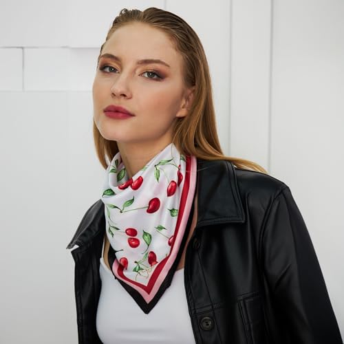 dscarf Womens Neck Scarf 21"x21" Small Square | Headband Scarf Ethnic Bandana Head Scarf Flowering Breathable Lightweight - color: Cherry Design 1