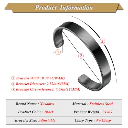 Xusamss Open Cuff Bracelet for Men Stainless Steel Wide Flat Bangle, Simple Mens Jewelry, Polished Steel Bracelet Band for Men, Wide Cuff Bracelet - color: Black