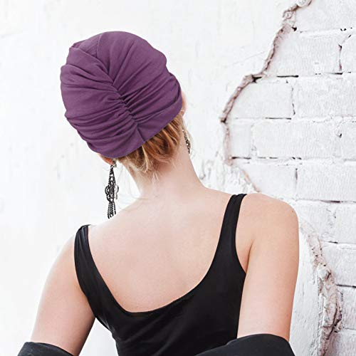DRESHOW 5 Pack Knotted Headwraps for Women African Turban Pre-Knotted Beanie Headwraps Hair Covers - color: 5 Pack Knotted: Black, Khaki, Rose, Purple, Teal