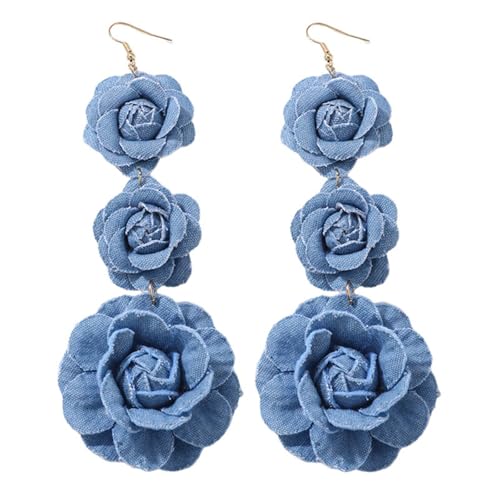 coadipress Boho Denim Camellia Flower Dangle Earrings for Women Exaggerated Big Layered Tiered Blossom Floral Drop Long Earring Chic Statement Earrings Wedding Bridal Jewelry Gifts - style: 3 Flowers