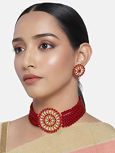 Aheli Pearl Diamond Choker Necklace & Round Earrings Gift for Women Indian Traditional Bollywood Fashion Bharatanatyam jewellery set - color: Red