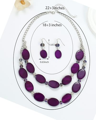 2 Layered Chunky Beaded Shell Necklace for Women Sea Shell blue/yellow/red/green/turquoise/teal/white Statement Necklace and Earring Set Elegant Women Necklace Set Jewelry Sets for Women - color: Purple