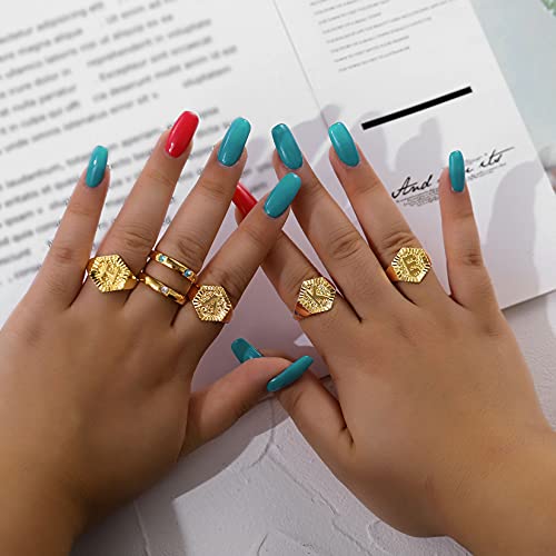 U7 Initial Ring Wedding Band for Men Women 18K Gold Plated Statement Hexagon A-Z Letter Jewelry Personalized Stackable Signet Rings - color: H