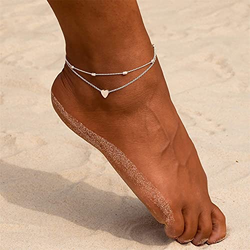 MIDEEO Gold/Silver Ankle Bracelets for Women,14K Gold Anklets for Women Waterproof Cuban Link Heart Beads Herringbone Rhinestone Anklets Set Layered Anklet Bracelets for Women Gold Jewelry Gift - style: 2 Layers Anklet C-SL