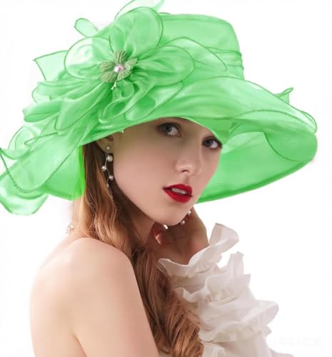 ORIDOOR Women’s Organza Church Tea Party Wedding Fascinator Derby Hat Wide Brim Sun Hats - color: C8-green
