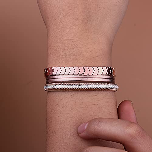 FANCY SHINY Hematite Leather Wrap Bracelets Beaded Healing Stone Cuff Bracelet Rhinestone Boho Jewelry Gift for Women with Clasp - color: Rose Gold