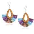 Boho Summer Beach Earrings for Women Lightweight Straw Wicker Earring Statement Raffia Fan Round Tassel Dangle Drop Earrings Hawaii Jewelry - style: Purple Teardrop