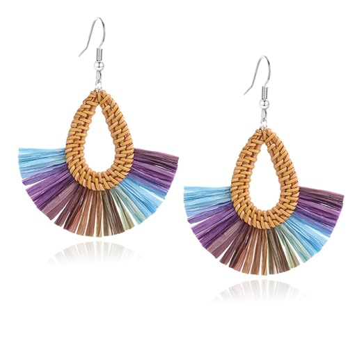 Boho Summer Beach Earrings for Women Lightweight Straw Wicker Earring Statement Raffia Fan Round Tassel Dangle Drop Earrings Hawaii Jewelry - style: Purple Teardrop