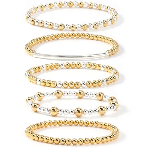 14K Gold Plated Beaded Bracelets Stack Set for Women,Stretch Boho Colorful Beads Ball Jewelry Friendship Summer Trendy - color: Gold silver