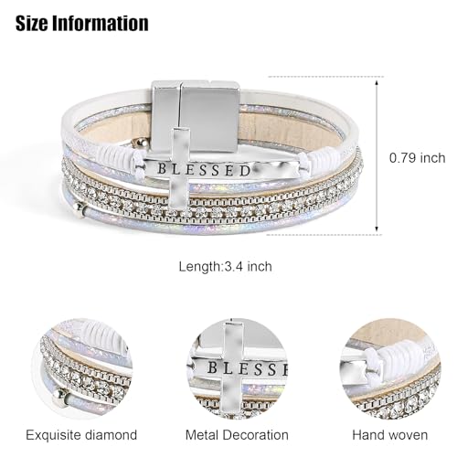 VIBILIA Boho Leather Wrap Bracelets for Women Men Multi-Layer Bracelets with Strong Clasp Western Jewelry - color: 11-Cross-White