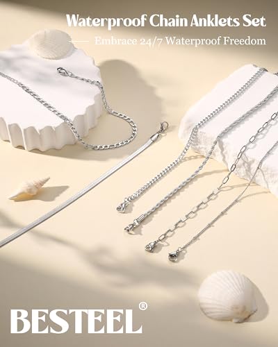 Besteel Ankle Bracelets for Women Waterproof - 14K Gold Plated Non Tarnish Layered Cuban Link Chain Rope Figaro Herringbone Anklets Set Plus Size Anklet Summer Foot Jewelry Gift Adjustable 8-12 Inch - style: 6 Pcs Steel Cuban-8.5+2.5 Inch