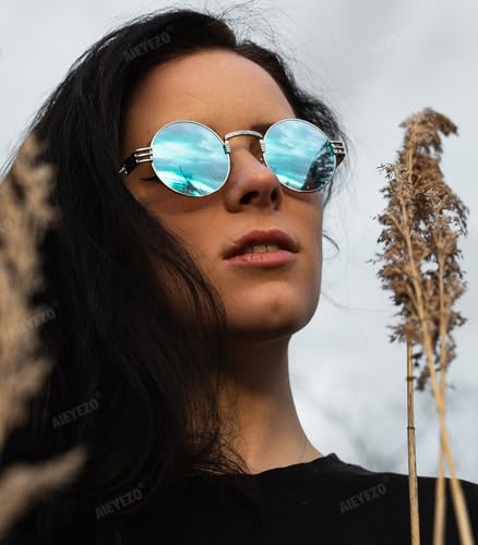 AIEYEZO Round Steampunk Sunglasses for Men Women Retro Circle Hippie Glasses Metal Frame 100% UV Blocking Lens - color: Silver/Ice Blue Mirror