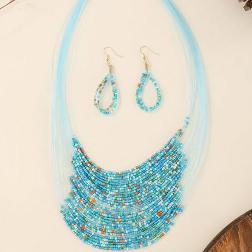 Bohemian Colorful Beaded Earrings Necklace Geometric Teardrop Dangle Earrings Multi-layered Stackable Choker Necklaces Boho Seed Bead Chain Statement Beach Party Accessories - color: Blue