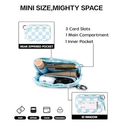 Wristlet Wallet for Women Mini Zip Card Case with Clear ID Window Zipper Coin Purse Lightweight Portable Keychain Wallet - color: Blue Lattice