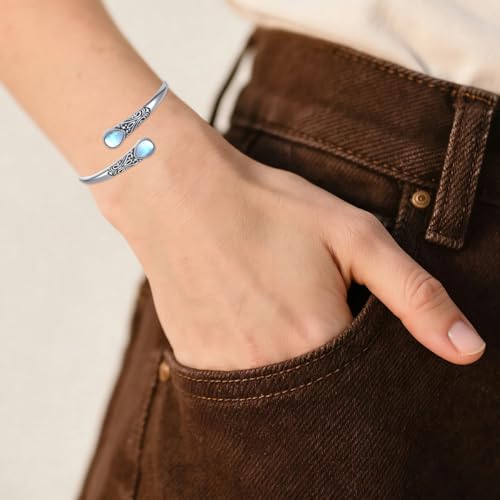 925 Sterling Silver Genuine Gemstone Bracelet for Women Men Handmade Adjustable Boho Navajo Style Bangle Cuff Natural Stone Jewelry Gift - color: Moonstone