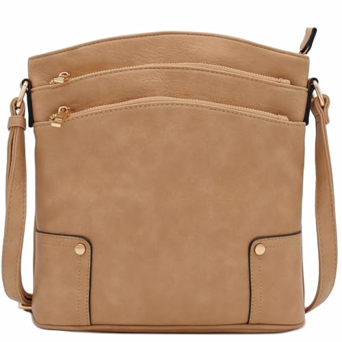 ALYSSA Triple Zip Pocket Large Crossbody Bag - color: Light Tan