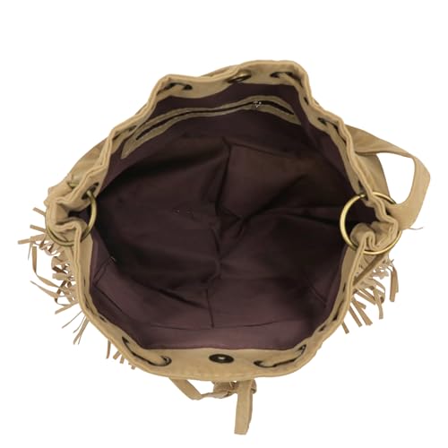 Fringe Hobo Purse Bags for Women Crossbody Purses with Drawstring Ladies Tassel Tote Shoulder Bucket Handbags,Khaki - color: Khaki (Barrel Shape)