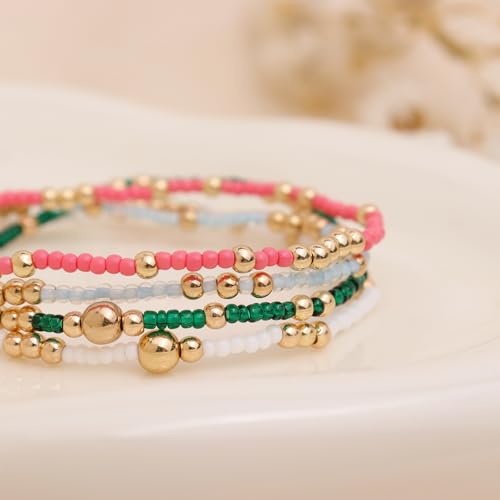Gold Beaded Stackable Friendship Bracelets Set for Women, Handmade Boho Stretch Summer Jewelry Gift. - color: gold green pink white sky blue