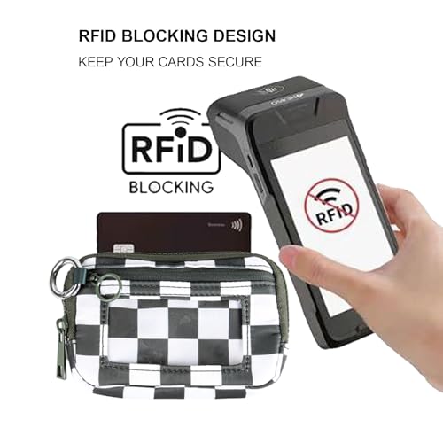 Wristlet Wallet for Women Mini Zip Card Case with Clear ID Window Zipper Coin Purse Lightweight Portable Keychain Wallet - color: Teal Gray Lattice