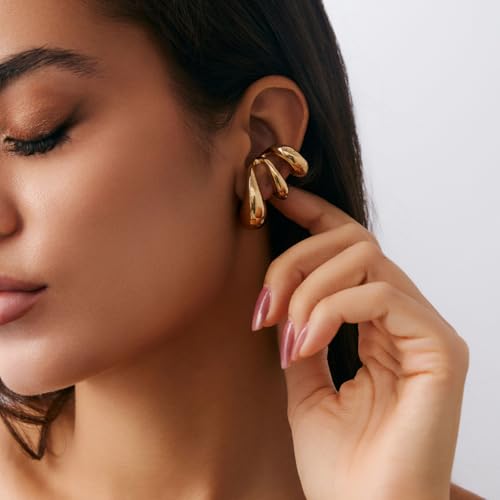 Ear Cuffs Non Piercing Chunky Water Droplet Ear Cuff Earrings for Women Trendy Clip on Cartilage Simple C-Shaped Diamond Studded Ear Clip Jewelry Best Gifts 2026 - color: B-Gold