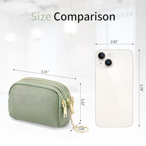 SENDEFN Small Coin Purse Leather 3 Zippered Change Pouch Wallet with Key Ring for Women - color: 1-Green