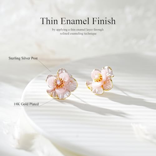 Pink Flower Earrings for Women, 925 Sterling Silver Stud Earrings, Cute Plumeria Earrings For Women, Cherry Blossom Hypoallergenic Stud - color: Pink Peach Blossom