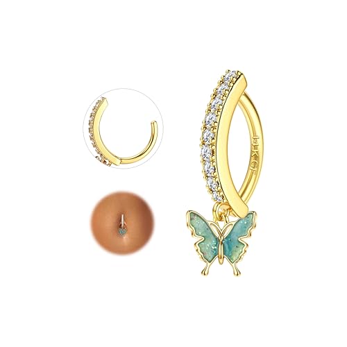 FIASASO 14K Gold Filled Belly Button Ring Hypoallergenic Surgical Stainless Steel Clicker Belly Rings Hoop CZ Butterfly Heart Teardrop Flower Reverse Belly Button Rings Belly Piercings Jewelry for Women 14G Navel Ring