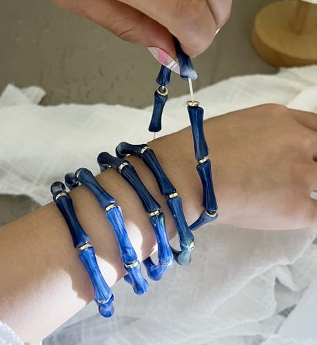 iF YOU 6pcs Chunky Acrylic Bangle Bracelets for Women, Resin Bamboo Brown Stretchy Bracelet Stack, Fashion Jewelry for Women - color: 5pcs-dark blue bracelets