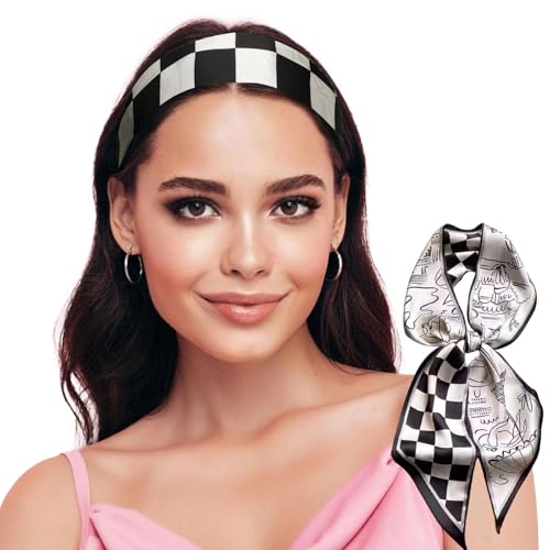 Sumolux Head Hair Scarf for Women Neck Purse Bag Handbags Scarf Like Silk - color: Black White Checkered Pattern