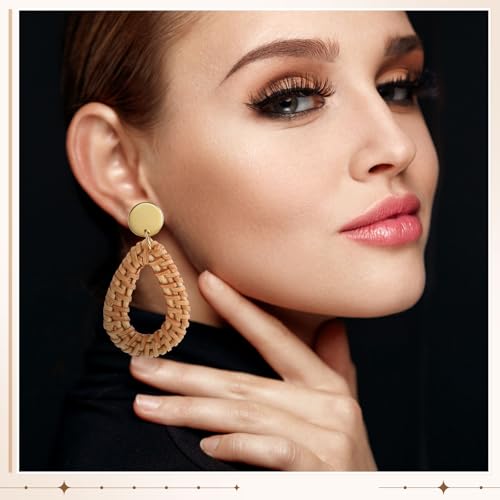 Sumind 4 Pairs Boho Raffia Earrings for Women Flower Round Drop Dangle Woven Earrings Summer Vacation Tropical Beach Natural Handmade Raffia Jewelry Gifts Set Bohemian Accessories