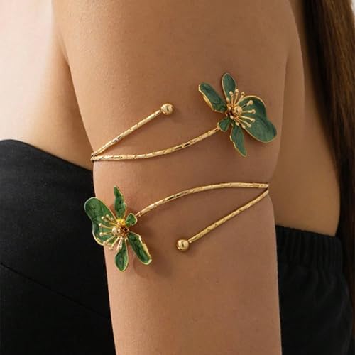 Arm Cuff Jewelry for Women Adjustable Flower Cuff Bangle Bracelet Gold Armband Upper Jewelry Gifts for Women Boho Western Accessories - color: A7:green flower