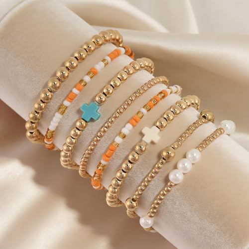 VIBILIA Gold Beaded Bracelets Set for Women 14K Gold Plated Dainty Pearl Cross Bracelet Stack Stretch Bracelet Set Fashion Accessories Gifts - color: 8P-#02-6441-Orange