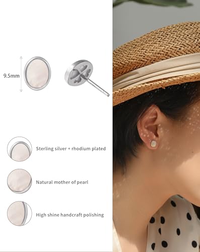 S.Leaf Gold Stud Earrings for Women Sterling Silver Gold plated Hypoallergenic Shell Mother of Pearl Post Earrings for Women Birthday Gifts - color: D02_Shell_7mm_Silver