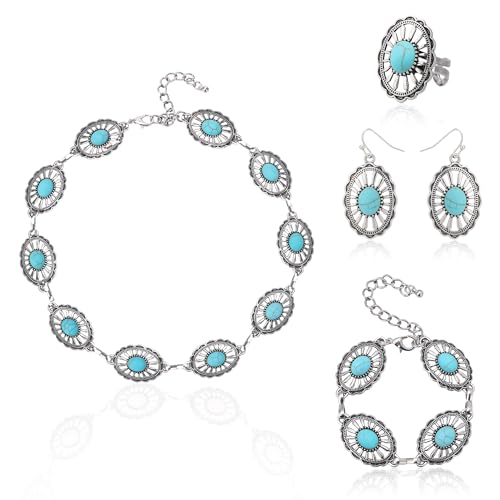 4 PCS Western Turquoise Jewelry for Women Boho Vintage Navajo Pearl Necklace Earring Bracelet Ring Set Country Cowgirl Accessories for Gift - color: L-Blue