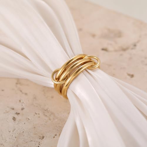 Gold/Silver Interlocked Rings For Women Dainty Stainless Steel Cubic Zirconia Stackable Statement Rings Two-toned Connected Bands Rings Non Tarnish (size 6-10) - color: R--Gold triple ring
