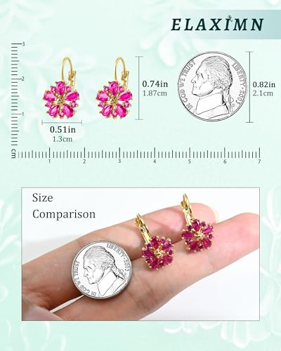 Vintage 14K Gold Plated Flower Birthstone Earrings - Hypoallergenic Leverback Floral Earrings, Trendy Jewelry Gifts for Women - color: Hot Pink